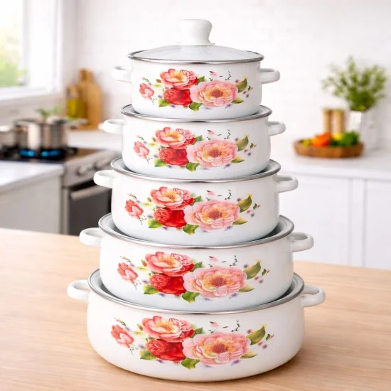 Тенджери комплекти 5 бели емайлирани тенджери със шарка – комплект за кухня