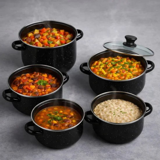 Промо комплект – 5 черни емайлирани тенджери + 3 дълбоки тави Rosberg (24, 26 и 28 см)
