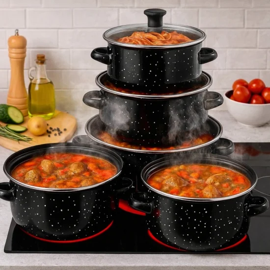 Промо комплект – 5 черни емайлирани тенджери + 3 дълбоки тави Rosberg (24, 26 и 28 см)