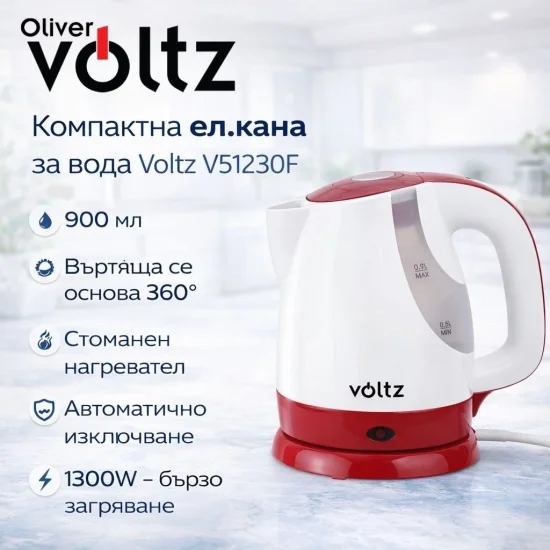 Електрически кани Ел. кана Oliver Voltz OV51230F, 1300W, 0.9 литра, Безжична, Бялa/Червенa