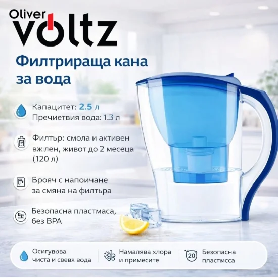 Електрически кани Кана за пречистване на вода Oliver Voltz OV51231A, Капацитет на каната 2.5 л., Капацитет пречистена вода 1.3 л., Филтър, Син