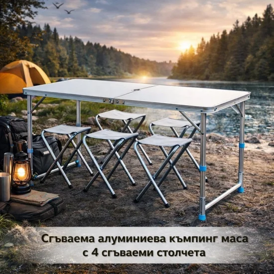 Комплект 1+1 – Сгъваема къмпинг маса с 4 столчета + Мини пералня с 3 скорости