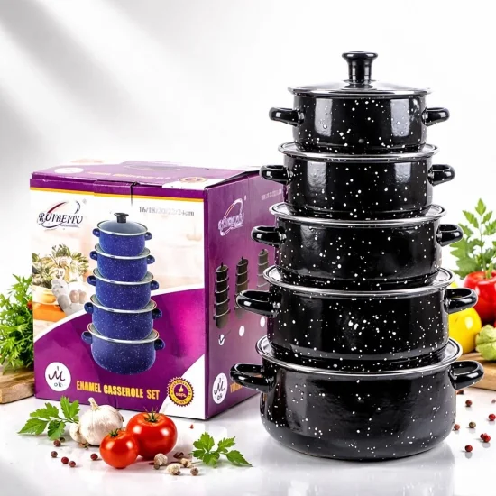 Тенджери комплекти Комплект 5 черни емайлирани тенджери + 5 стъклени капака – висококачествена изработка