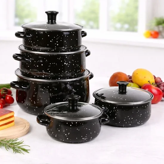 Комплект 5 черни емайлирани тенджери + 5 стъклени капака – висококачествена изработка