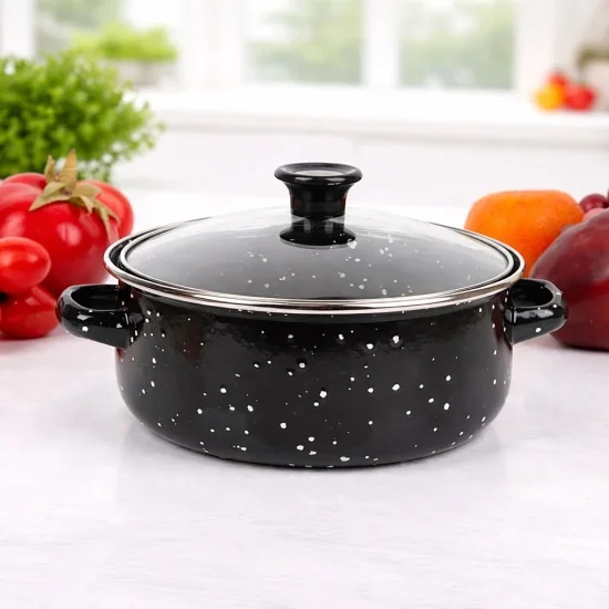 Комплект 5 черни емайлирани тенджери + 5 стъклени капака – висококачествена изработка