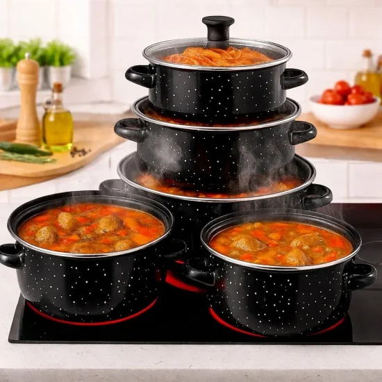 Комплект 5 черни емайлирани тенджери + 5 стъклени капака – висококачествена изработка