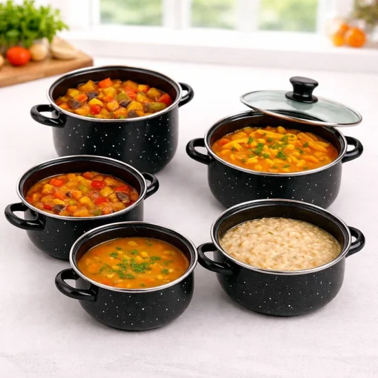 Комплект 5 черни емайлирани тенджери + 5 стъклени капака – висококачествена изработка