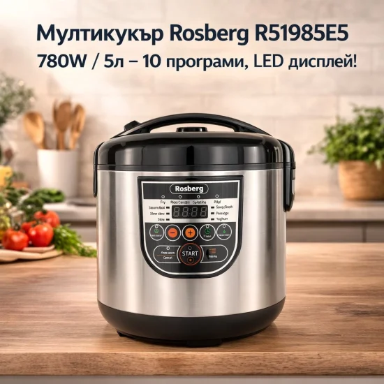 Фритюрници и мултикукъри Мултикукър Rosberg R51985E5 – 5L, 780W, 10 програми, LED дисплей