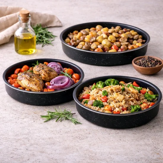 Промо комплект – 5 черни емайлирани тенджери + 3 дълбоки тави Rosberg (24, 26 и 28 см)