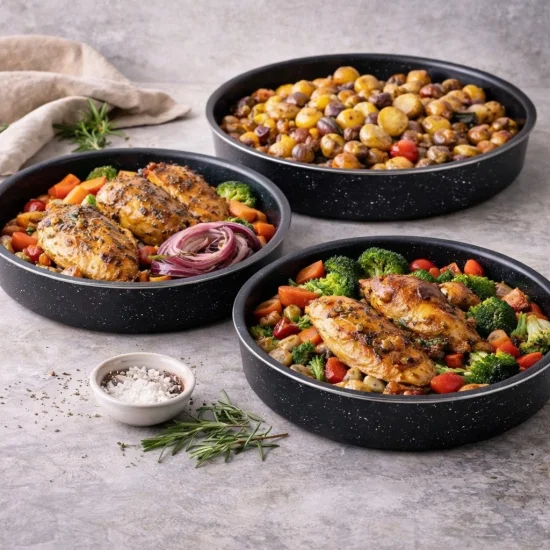 Промо комплект 3 в 1 – тави Voltz (24/26/28 см), тиган Rosberg и ножове BALI – 6 части